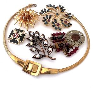 Vintage Jewelry Lot Necklace Brooch Rhinestone Leaf Cross Boho Fringe Bead Pin